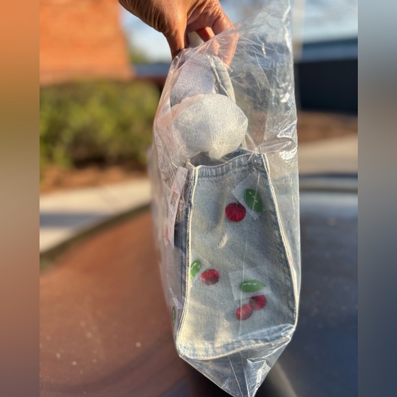 NWT Cherry Embroidered Denim Cargo Tote 26 In Original Packaging Cherries π - Picture 8 of 11